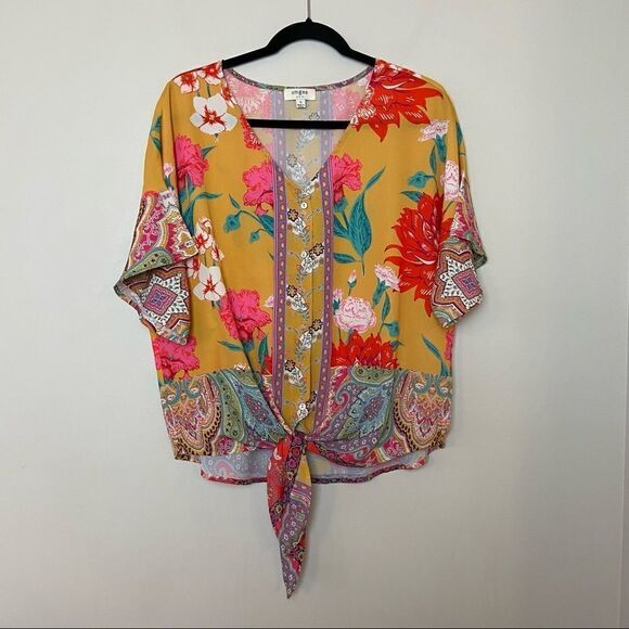 Umgee-floral Tie Front Button Down Short Sleeve (Small) - Picture 1 of 6